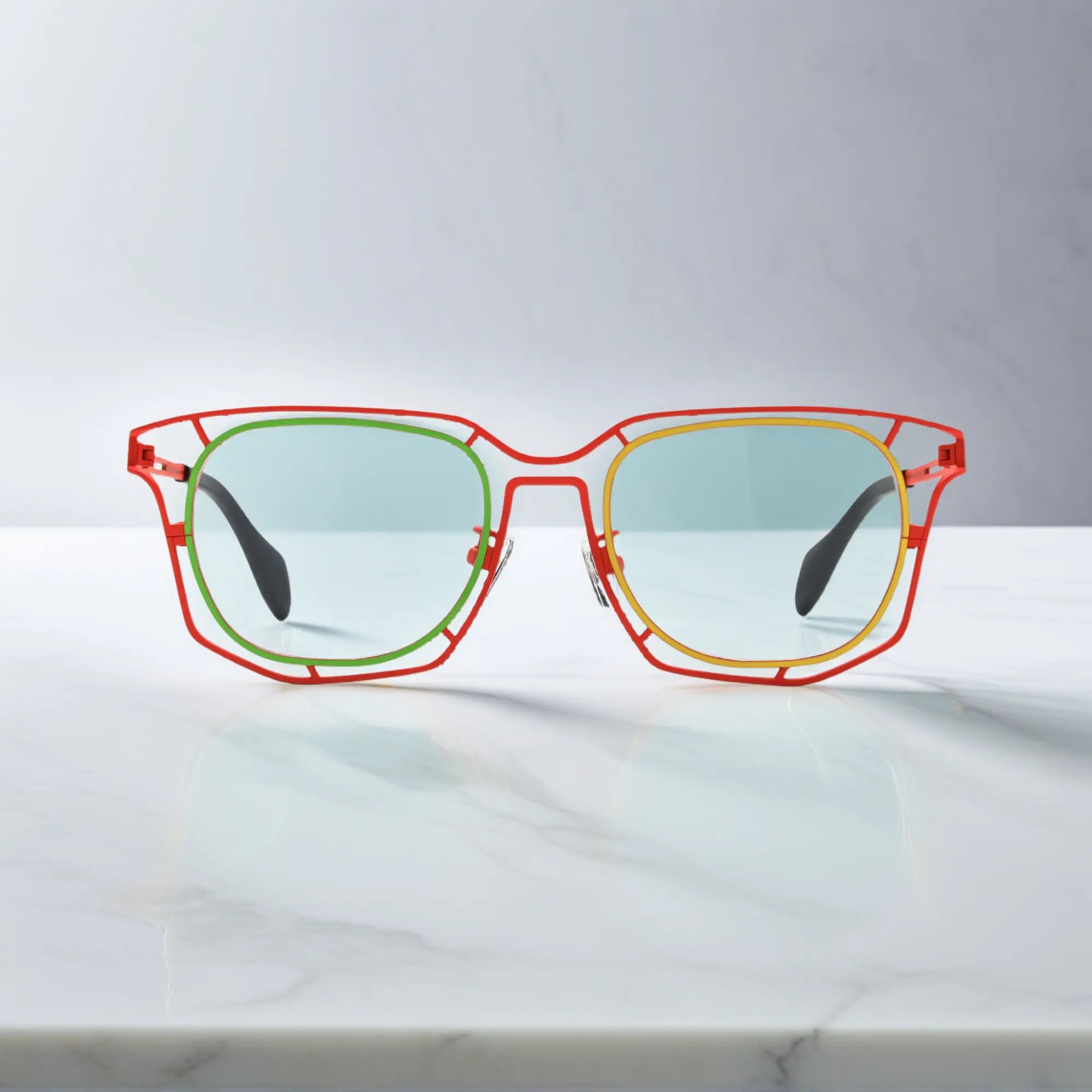 Front view of VoyueLens™ VL185865 in Amber Blaze – bold red and yellow frame